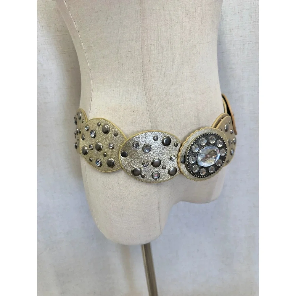 Concho Disc Belt Moroccan Style Gold Large/XL Rhinestone Studded Boho Wide‎ Y2K